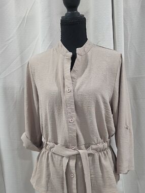 Light Taupe Button-Front Tie-Waist Blouse